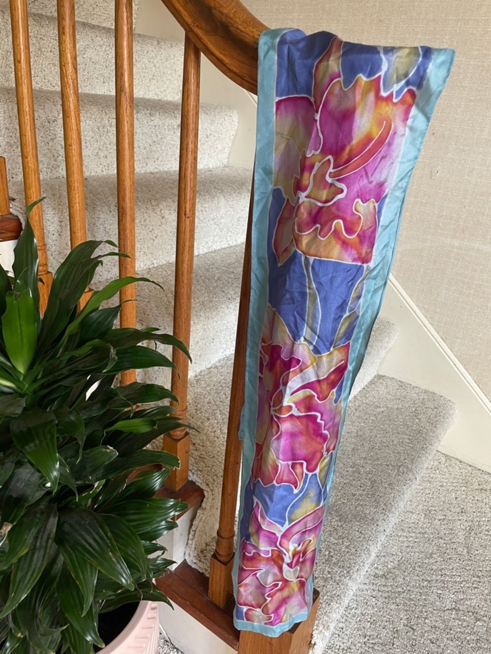 Hand Painted Floral Silk Scarf in Blue, Pink & Purple